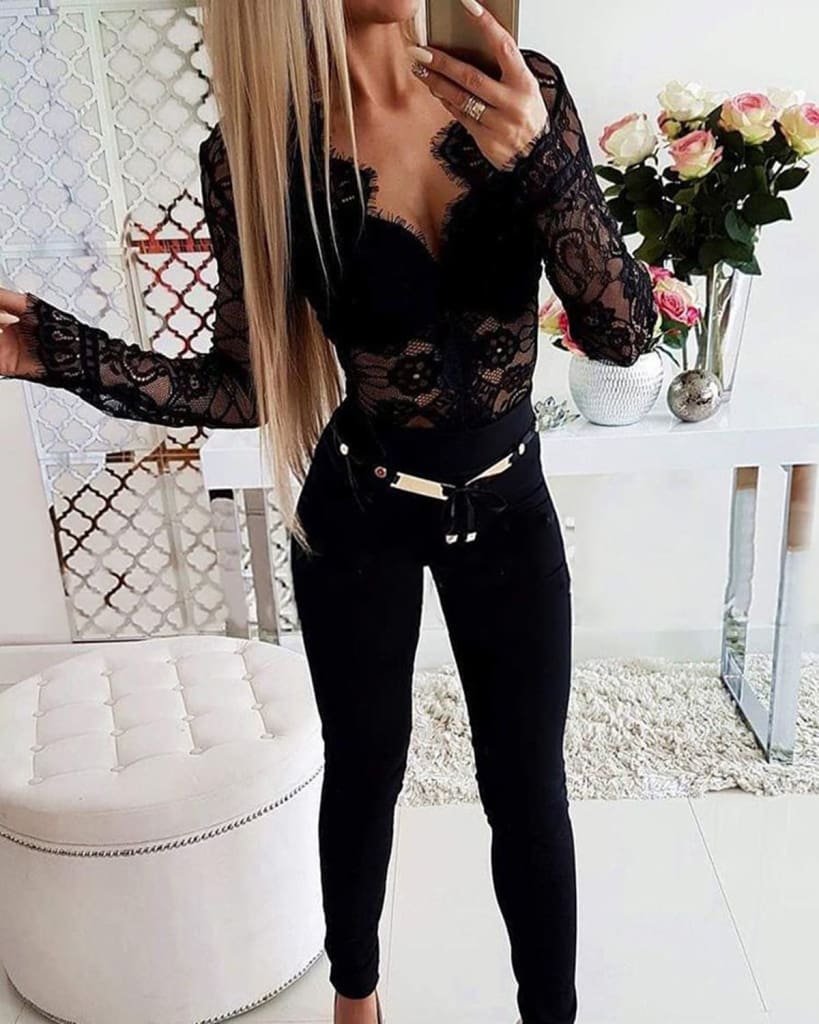 Womens See through Lace Mesh Sheer Long Sleeve Crop Top Shirt Black Ladies Sleepwear Casual Tops