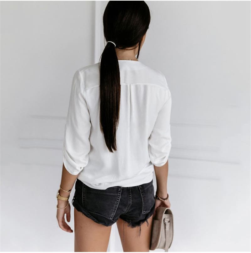 2019 Fashion Summer Womens Long Sleeve T Shirt OL Ladies V Neck Loose White Top Workout Streetwear Women Clothes