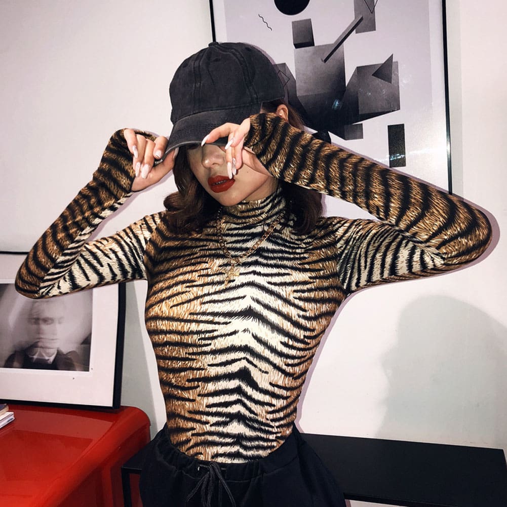 Women Romper Bodysuit Tiger Leopard Print Tops Long Sleeve Ladies Turtleneck Bodycon Stretch Jumpsuit Top Blouse Catsuit