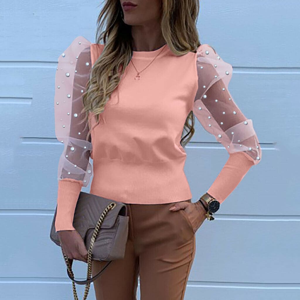 Women Ladies Puff Mesh Sleeve Tops Pullover Blouse Loose Jumper Shirt Autumn Tops Sheer Mesh Street Clothes