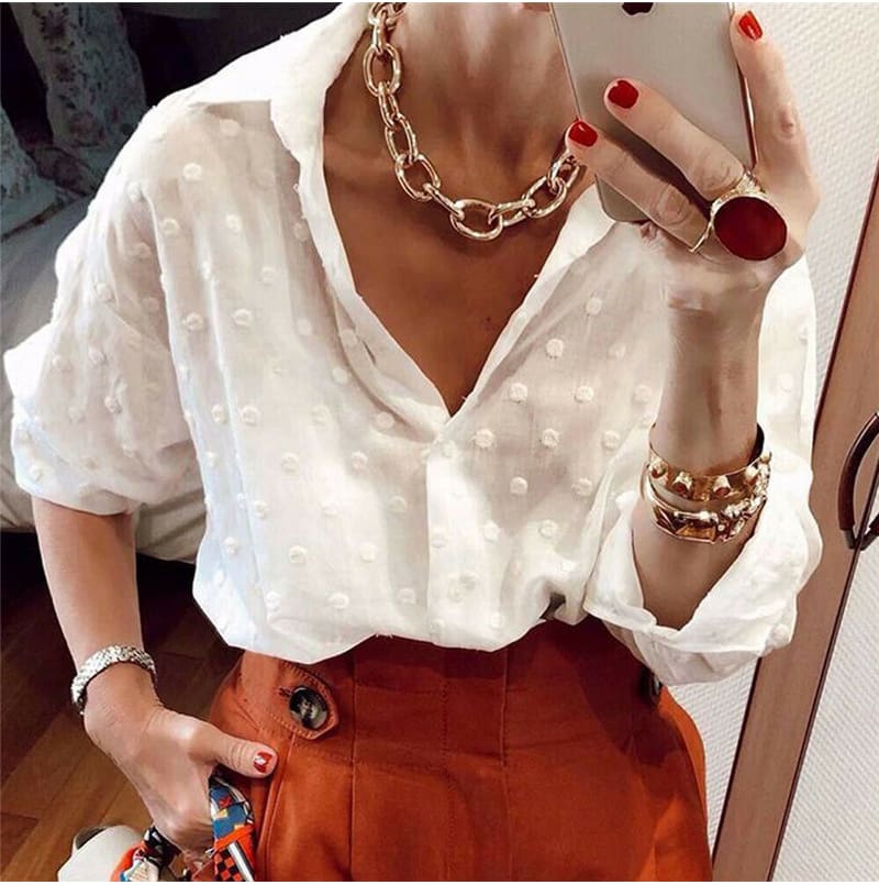 New Fashion Womens Blouse Top Elegant Long Sleeve White OL Shirt Ladies Polka Dot Casual Work Shirts Outwear