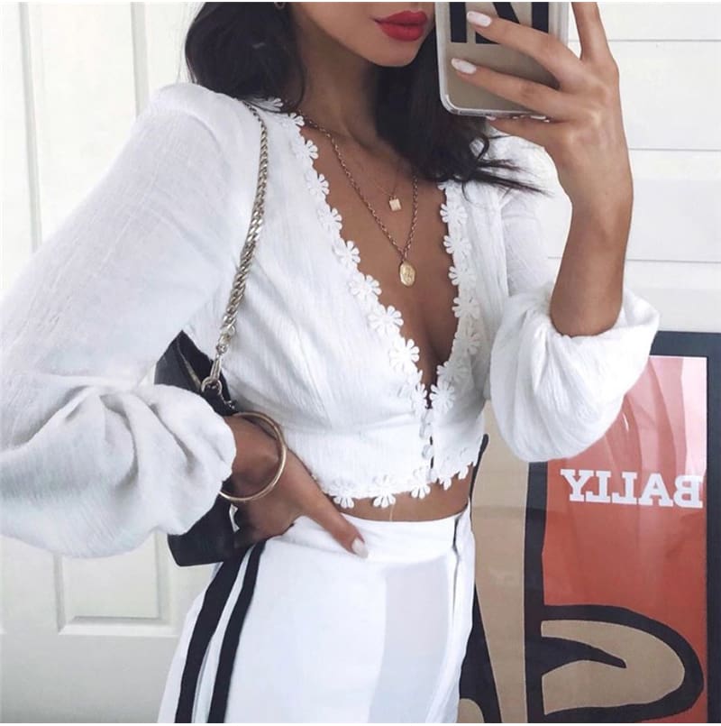 Women Elegant Long Sleeve Lace Crop Top Floral T Shirt New Fashion Ladies Boho Summer Beach HolidayTops