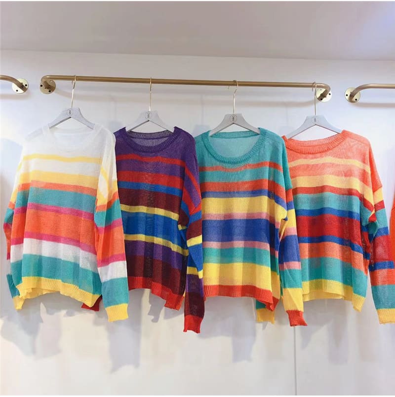 Fashion Women Summer Autumn Top Long Sleeve Loose Rainbow Stripe Sweater Elegant Ladies Casual Pullover Streetwear