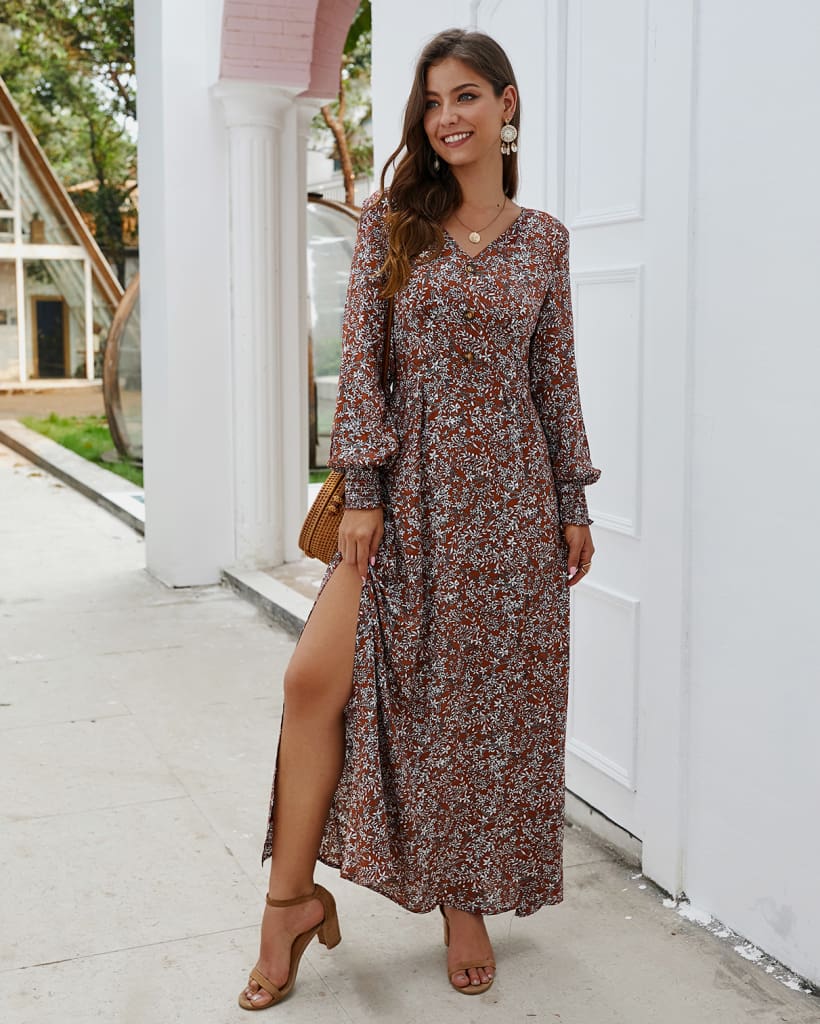 Women Ladies Long Lantern Sleeve Autumn Dress Floral Autumn Pre-fall Holiday Buttons Maxi Dress