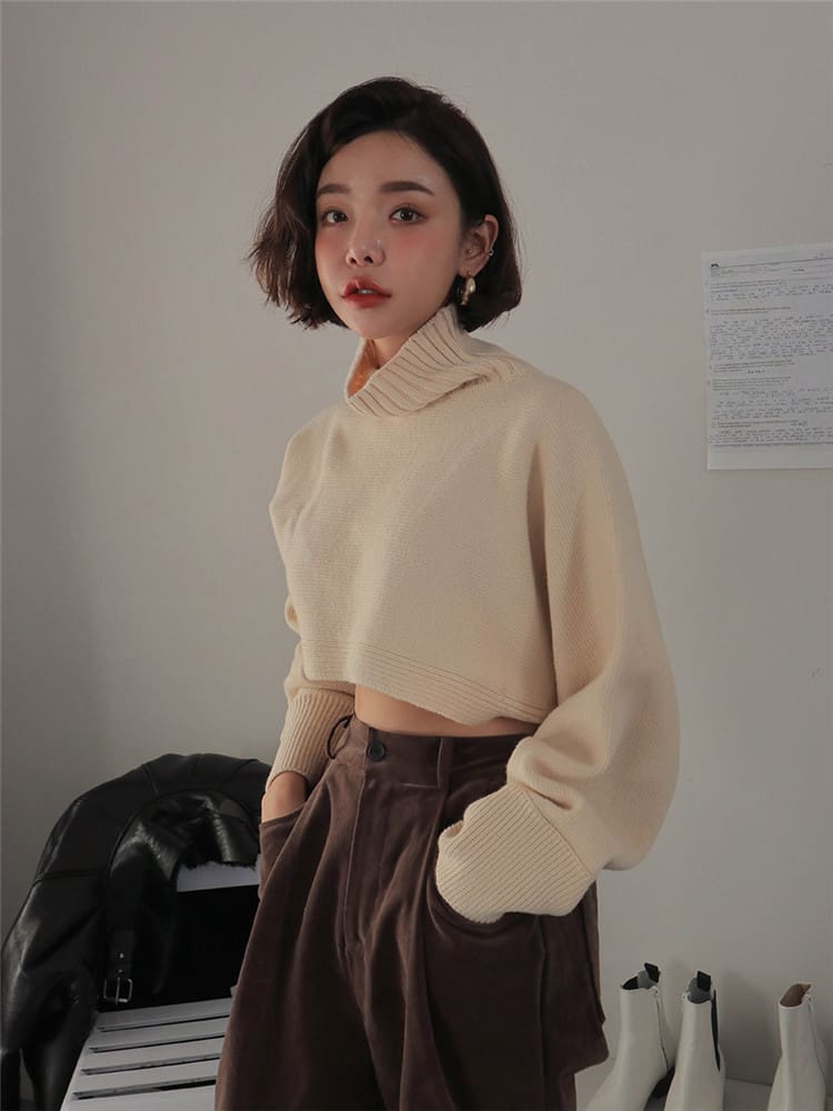 Retro Turtleneck Women Sweater Long Sleeve High Waist Knitted Pullover