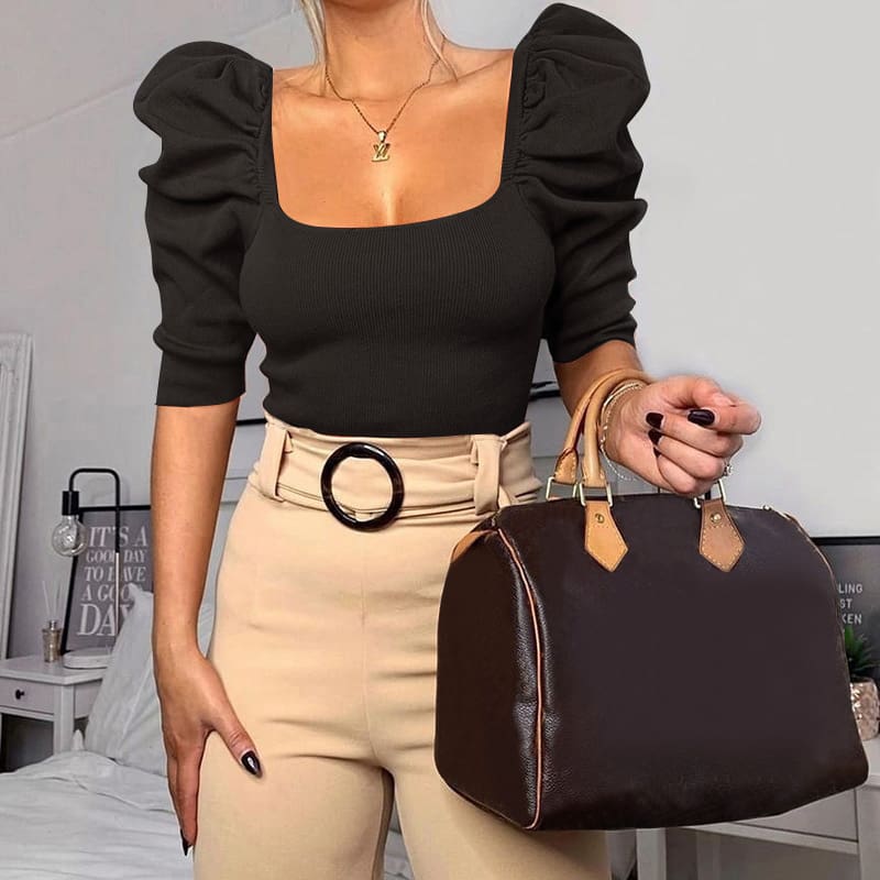 Fashion Women Puff Short Sleeve Plain Blouse Shirt Pullover Spring Summer Ladies Casual Slim Jumper Tops Tee