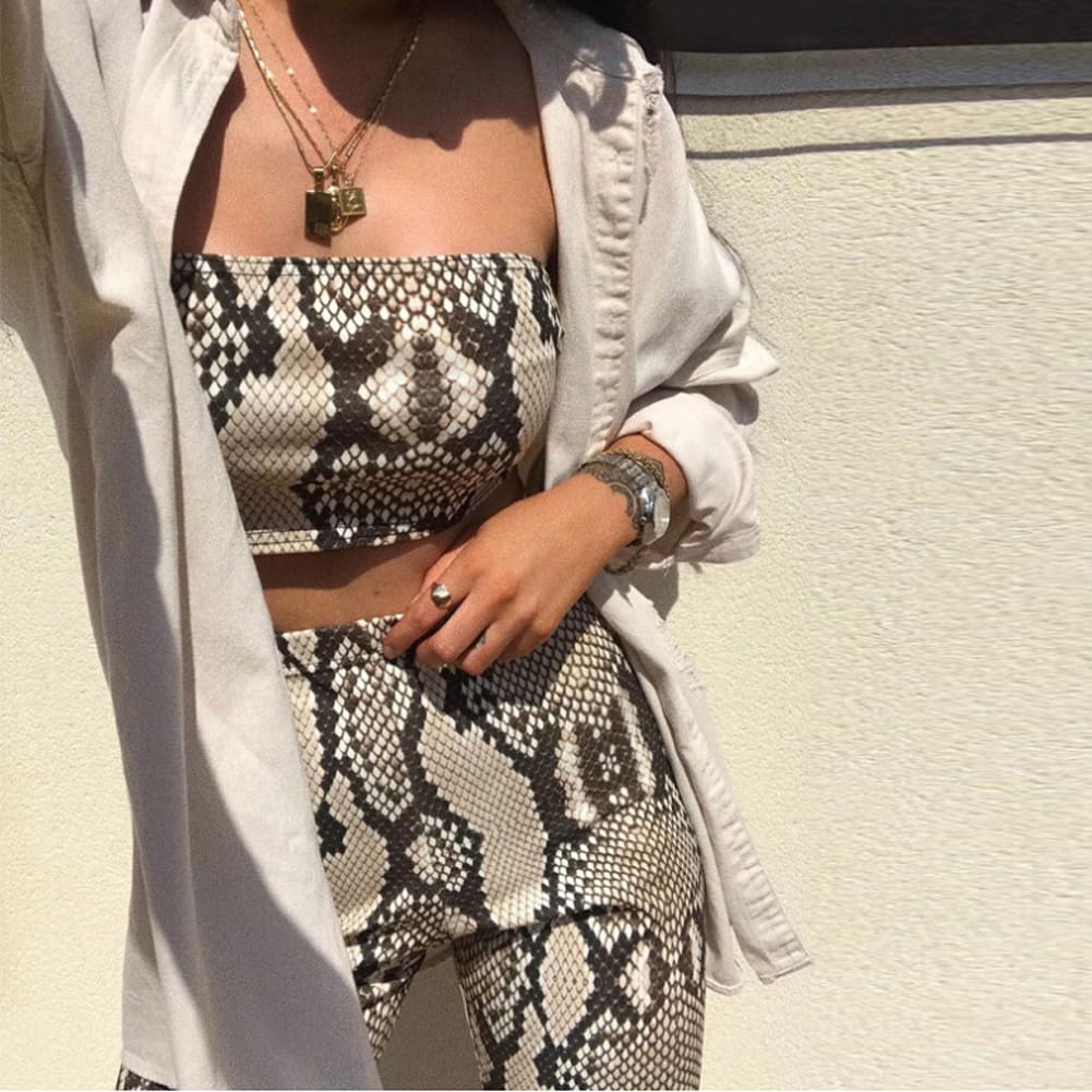 Snake Skin Print Two Piece Set Womens Shinny Tube Top Shorts