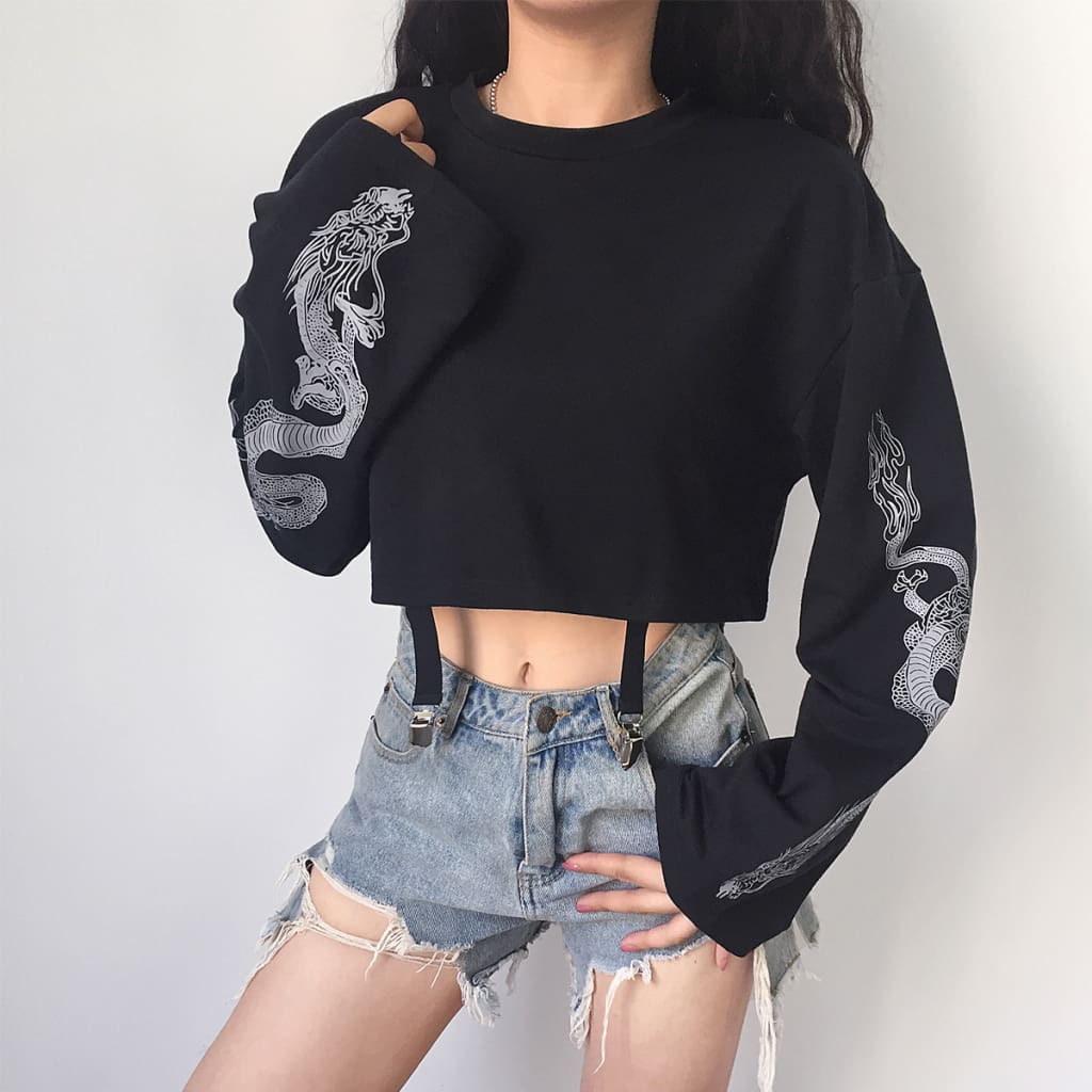 Womens Autumn Long Sleeve Crop Tops Dragon Print Girls Blouse O Neck Casual Loose Pullover Sweatshirt Top