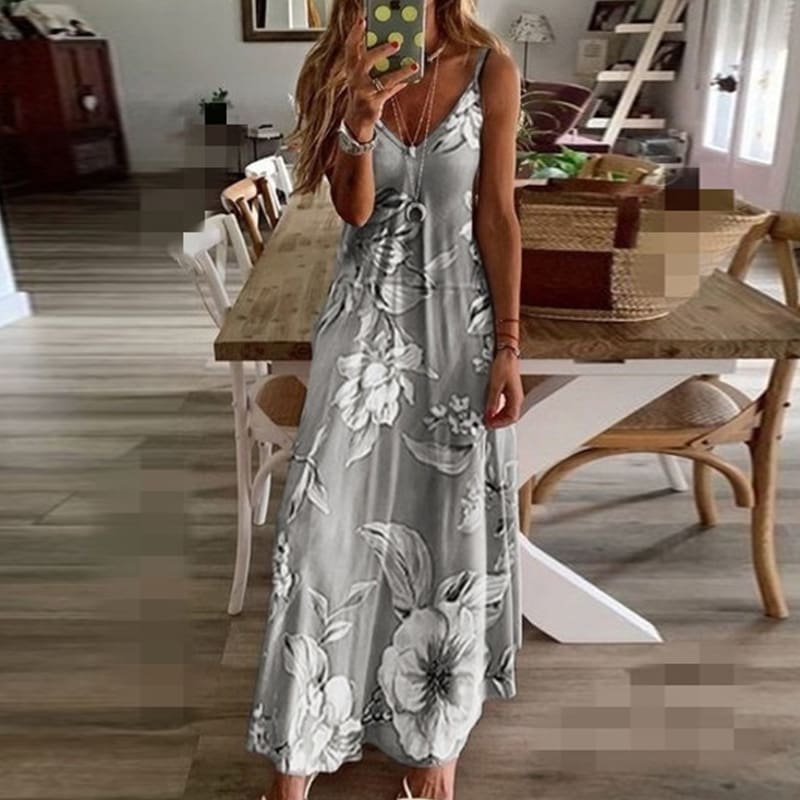 Women Halter V Neck Boho Long Dress Floral Printed Sleeveless Beachwear Holiday Sundress Female vestidos