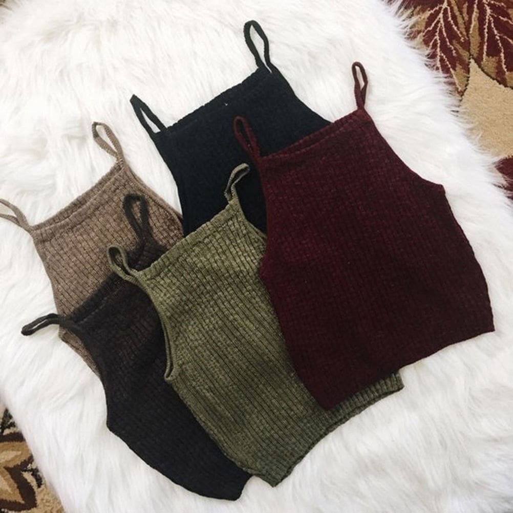 Women Summer Sleeveless Spaghetti Strap Knitted Short Tank Vest Tops Bodycon Casual Solid Crop Tops Tank Tops