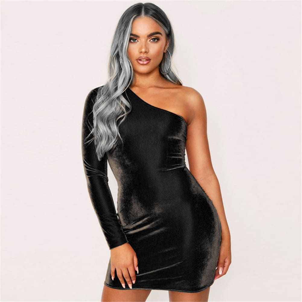 Women One Shoulder Bodycon Dress Ladies Long Sleeve Mini Pencil Dress Solid Club Skew Collar Dress 2020 Fashion Plain Dress