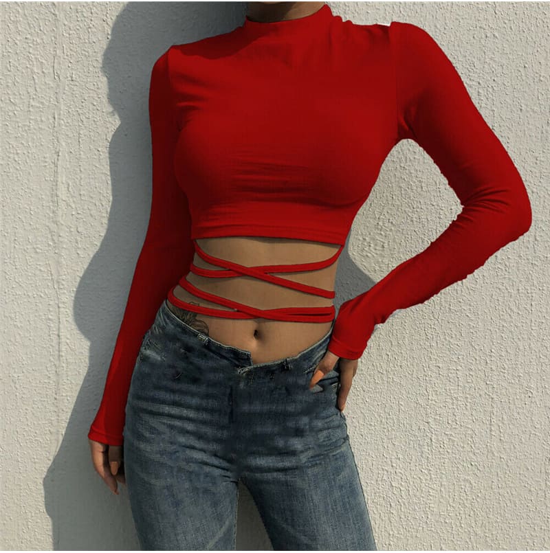 Women Bandage Tight Crop Tops Long Sleeve Bodycon Long Sleeve T shirt Ladies Plain Tee shirt Femme Party Club Tshirt