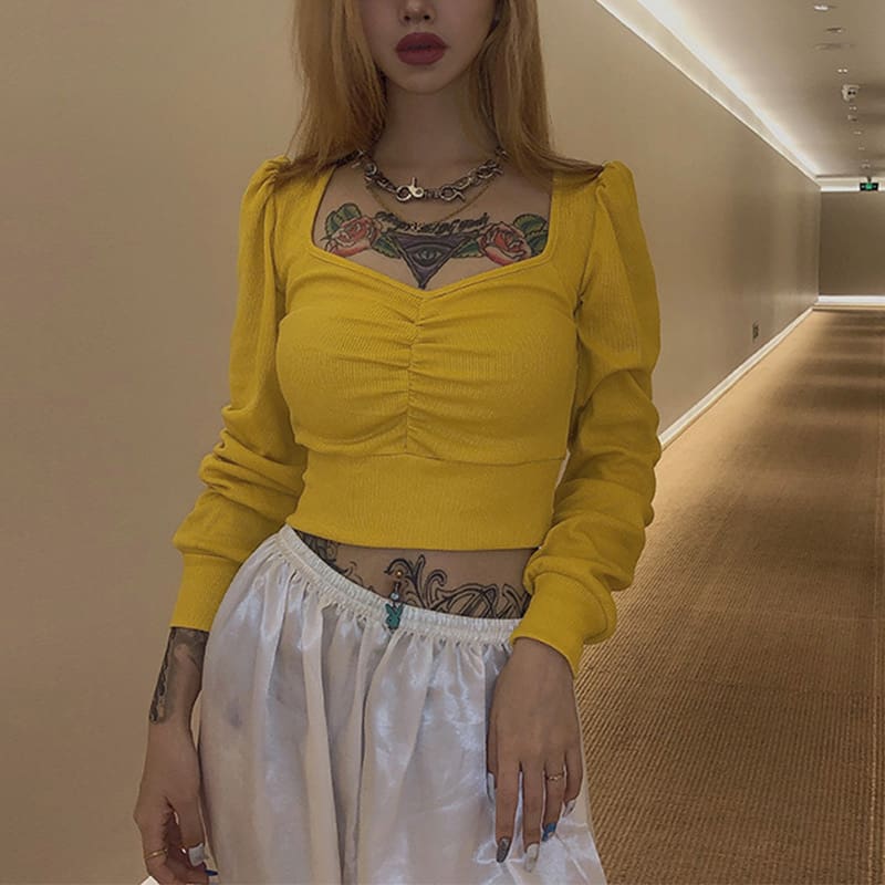 Women Crop Top Slim Fit Knitted V Neck Long Sleeve Pleated T-shirt Fashion Ladies Girl T-shirts Streetwear