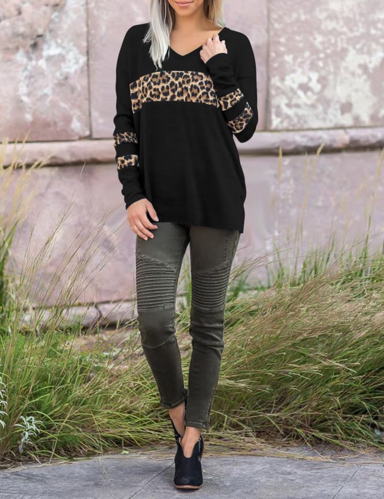 Women Leopard Tops Blouse Shirts Ladies Casual V Neck Loose Pullover Stitching Sweatshirt Tops