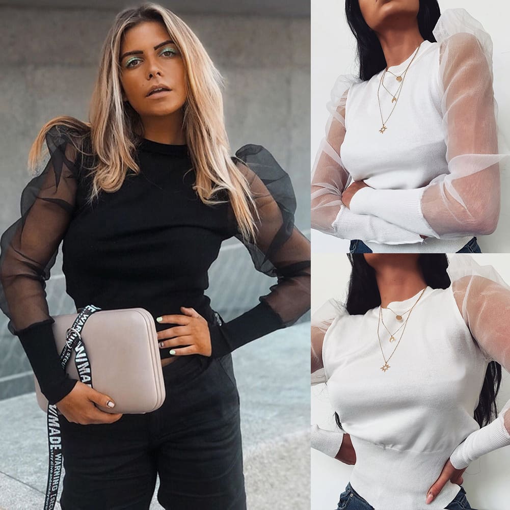 Women Mesh Net Blouse Sheer Puff Long Sleeve Black Pullover Tops