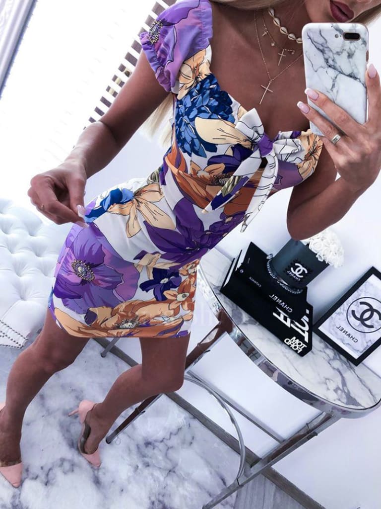 Womens Floral Printed Bodycon Short Mini Dress