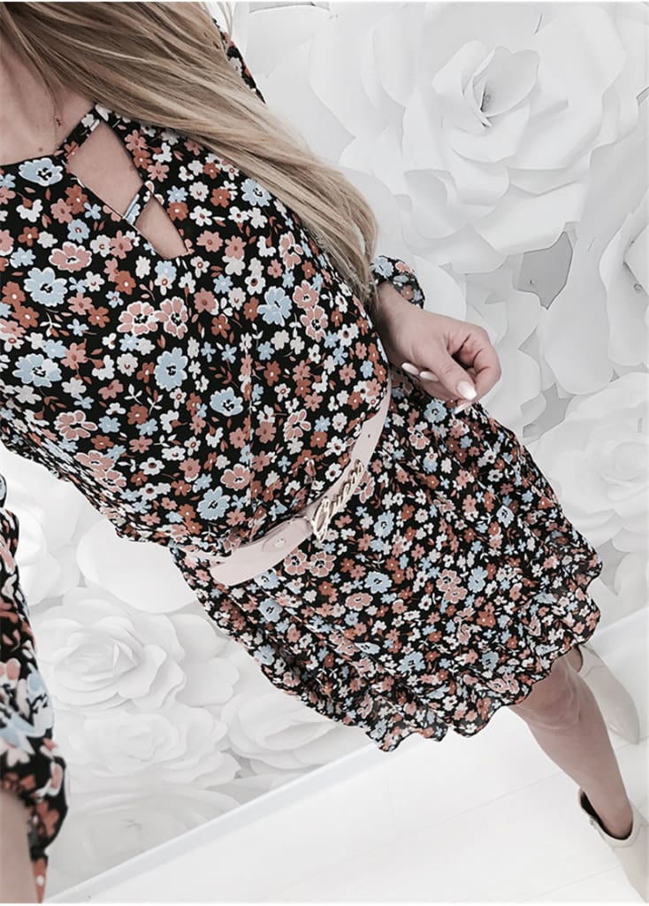 Fashion Women Autumn Long Sleeve Floral Dress Elegant V Neck Loose Ladies Dresses Dames Evening Party Club Flower Streetwear