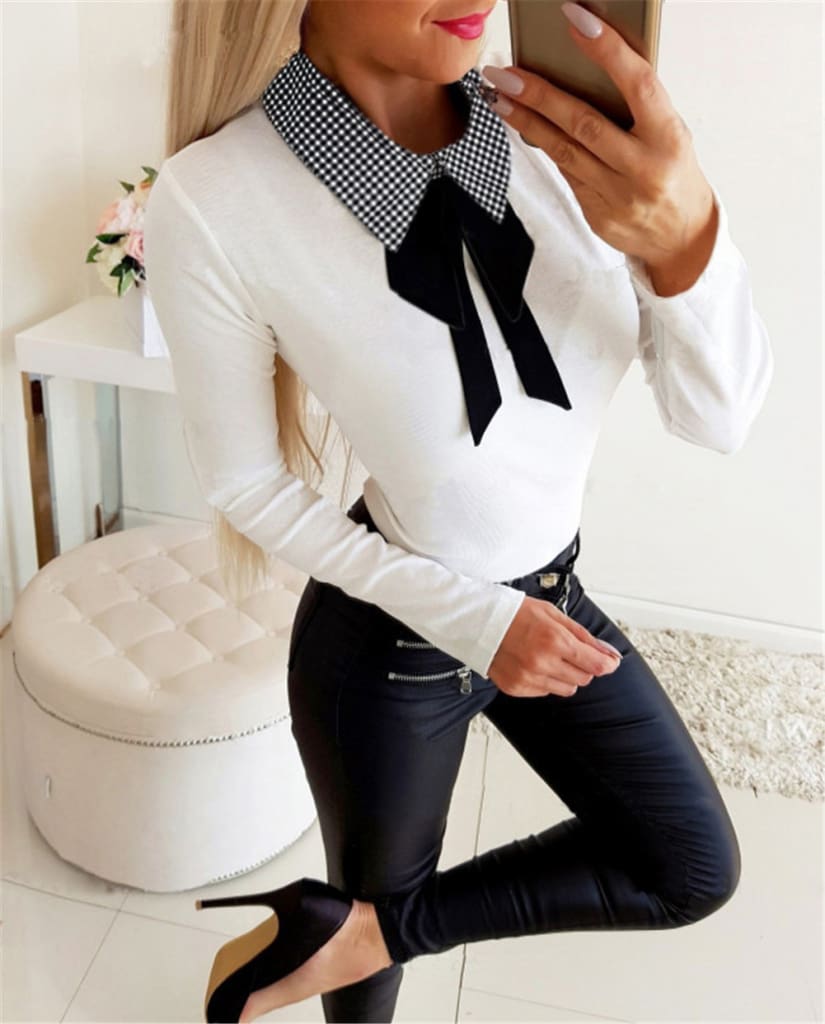 Elegant Office Ladies Lapel Blouse Shirt Autumn Women Long Sleeve Slim Fit Bowknot Stretch Office Solid Shirts