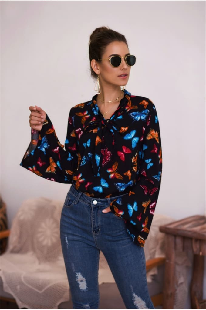 Boho Holiday Women Tops Shirt Elegant Long Sleeve Floral Shirt Ladies Long Sleeve V Neck Loose T shirt Streetwear