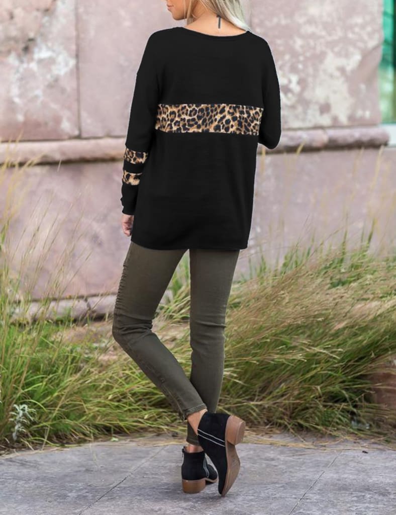 Women Leopard Tops Blouse Shirts Ladies Casual V Neck Loose Pullover Stitching Sweatshirt Tops