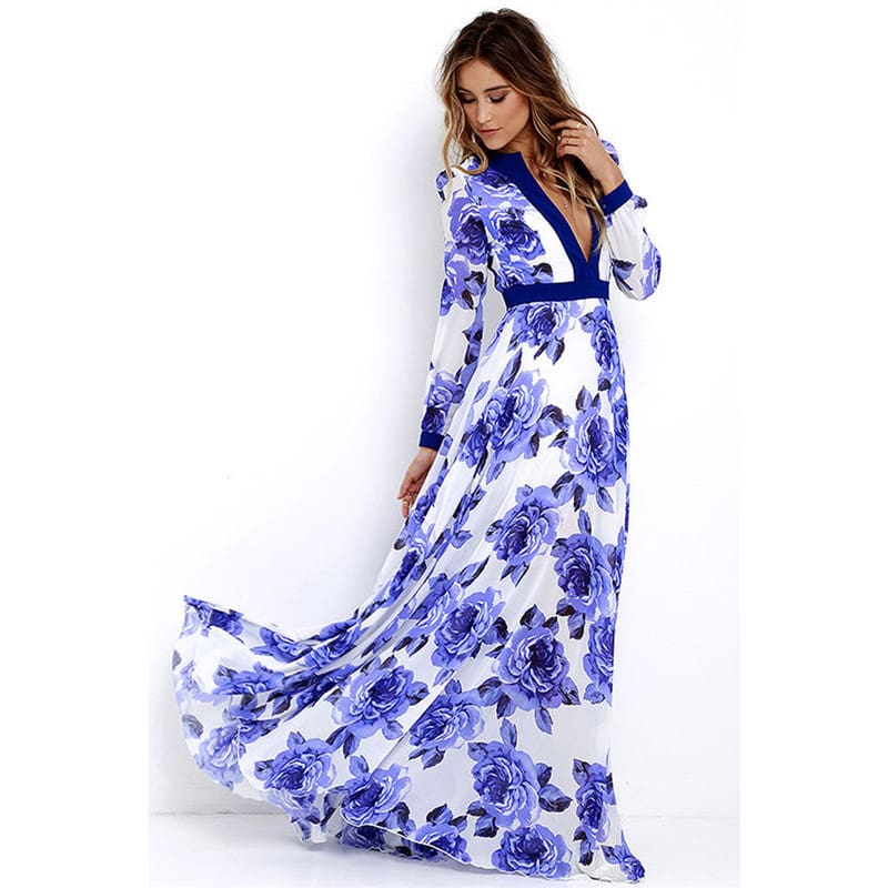 Women Ladies Long Sleeve Maxi Dress Casual Deep V-neck Floral Printed Slim Elegant Long Maxi Dress