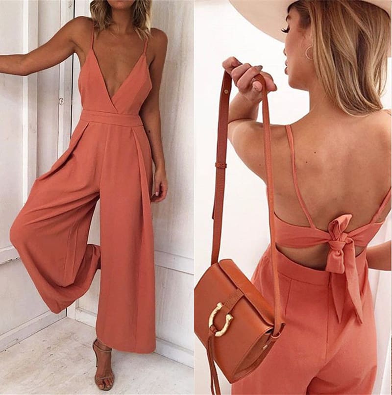 Women Boho Strap V Neck Backless Jumpsuit Ladies Holiday Playsuit Casual Long Pant Trouser Beach Jumpsuit