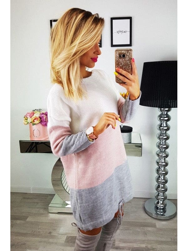 Women Knitted Sweater Long Sleeve O-Neck Loose Sweatshirt Pullover Long Top Mini Jumper Dress