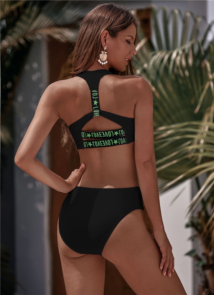 Zipper Fly High Waist Bikini Set Women Swimwear 2020 Love Printed Striped Push Up Swimming Suit Padded Bathing Sui