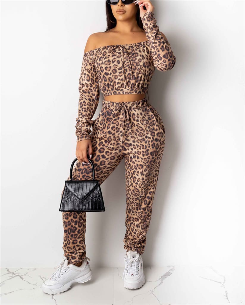 Autumn Women Leopard Tracksuit Casual Off Shoulder Long Sleeve CropTops and Long Pants Fitness Outfit Sportwear