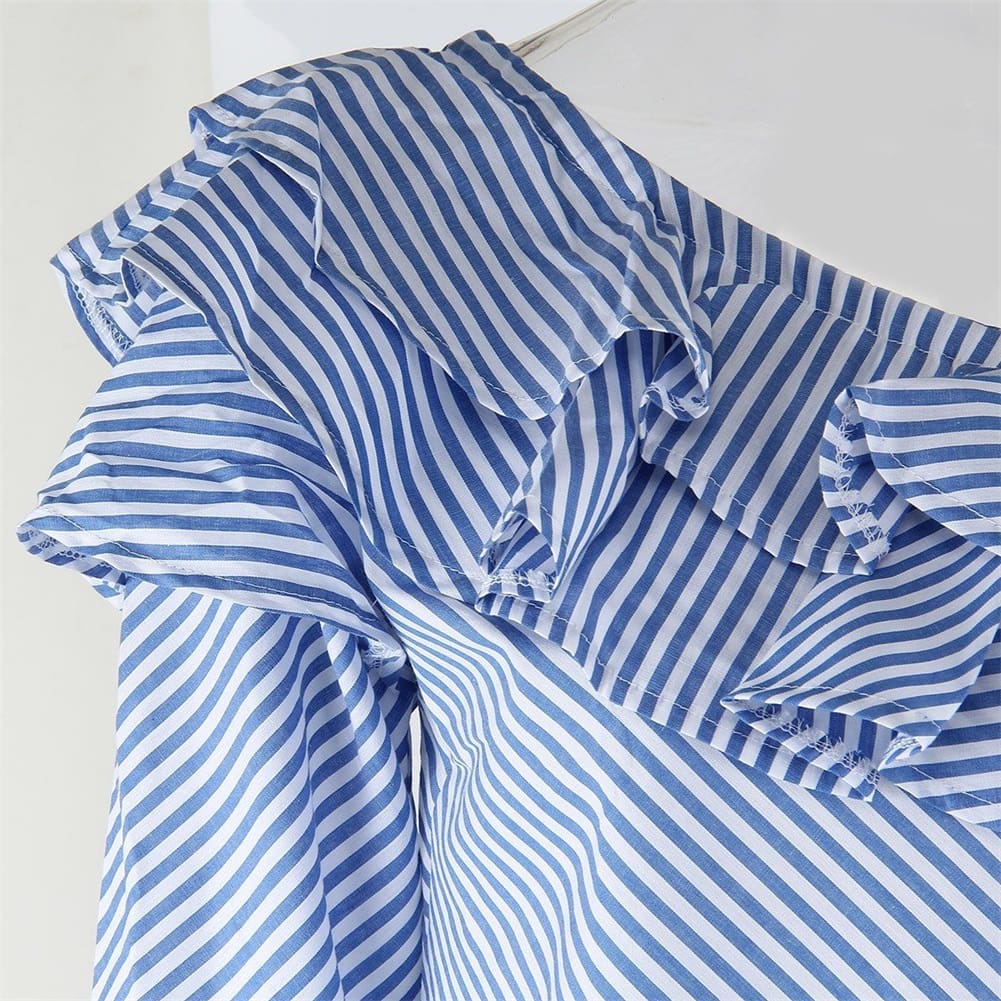 Fashion Womens blue white striped One Shoulder Blouse Ruffles Long Sleeve Casual womens shirt blouses top plus size