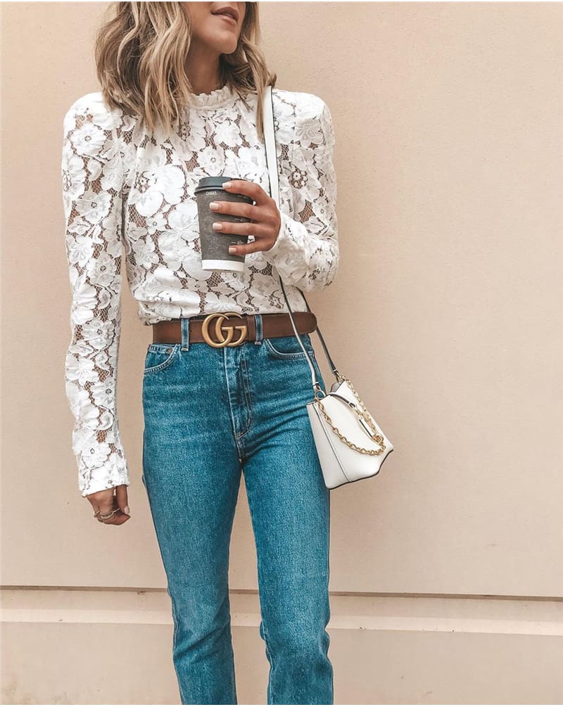 Fashion Boho Beach Floral Women Tops Elegant Ladies Long Sleeve Hollow out Lace Shirt Floral Casual Streetwear