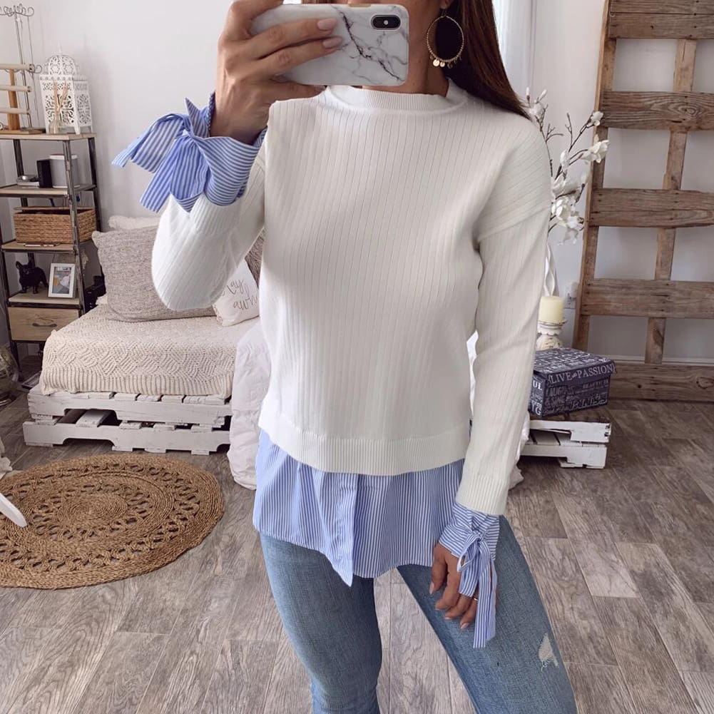 Fashion Women Casual Bowknot Round Neck Pullover Blouse Tops Autumn Lady Long Sleeve Patchwork Sweater Jumper Shirt