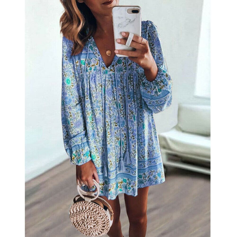 Fashion Women Vintage Boho Loose Dress Bohemian Ladies Summer Long Sleeve Baggy Sundress Beach Holiday Wear