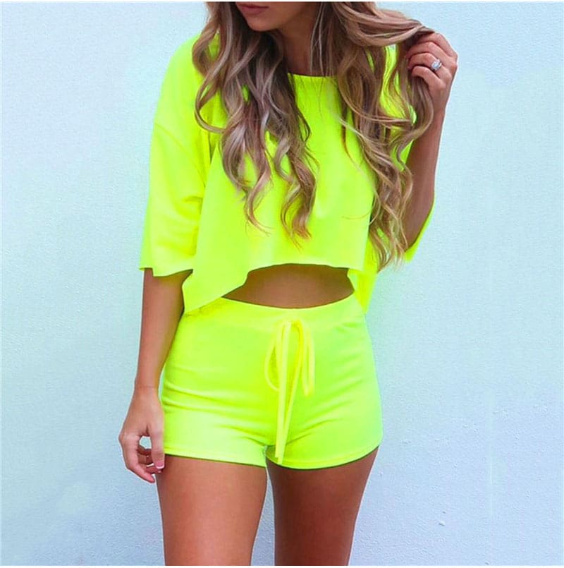 Two Piece Set Women Casual Plain Tracksuit Short Sleeve Crop Top and Short Suit Elegant Fitness Workout Ladies 2 Piece Set