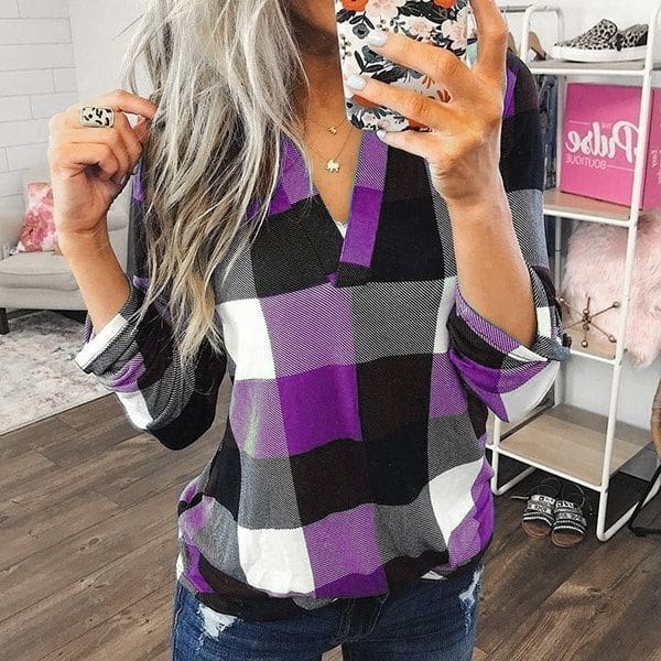 Womens Autumn Long Sleeve Plaid Check Tee Shirt Blouse Ladies Workout Casual Loose Pullover Tops Women Costume