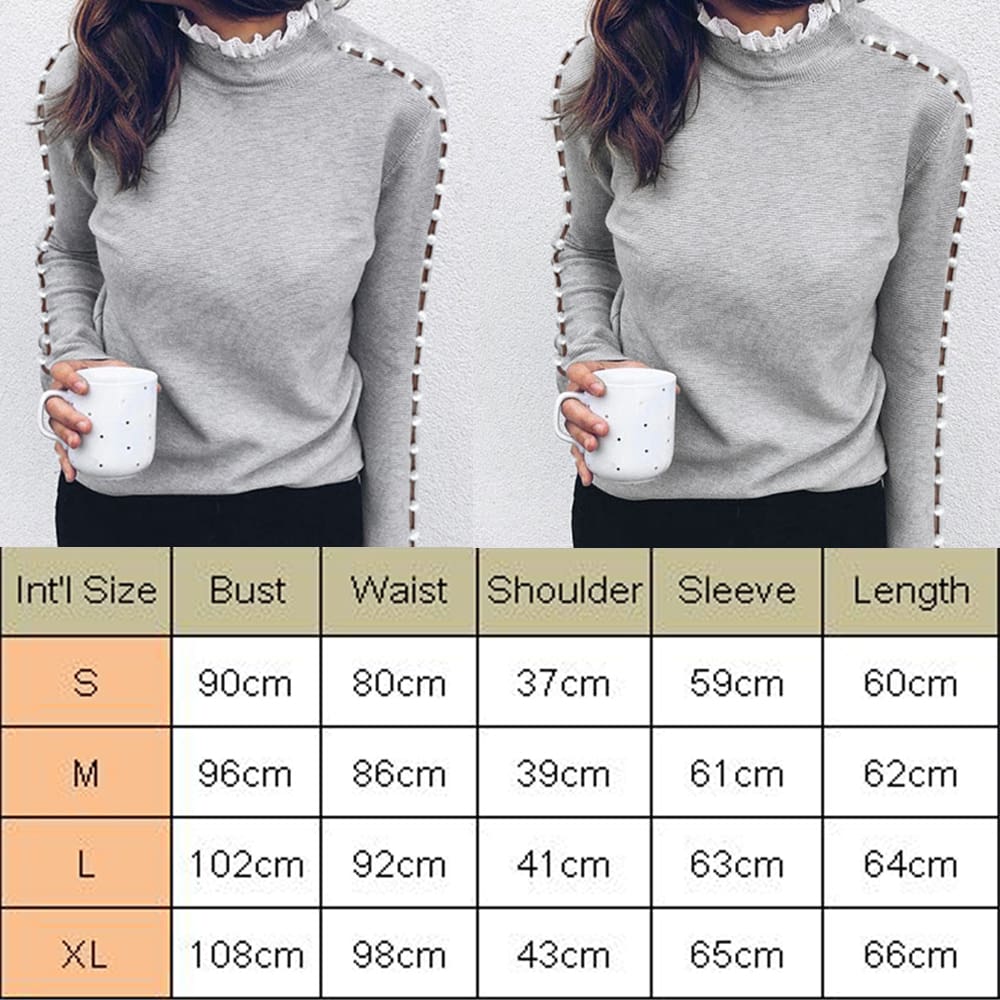 Fashion Women Ladies Long Sleeve Lace Hollow T-shirt Turtleneck Pearl Top Autumn Winter Warm Casual Tee T-shirts