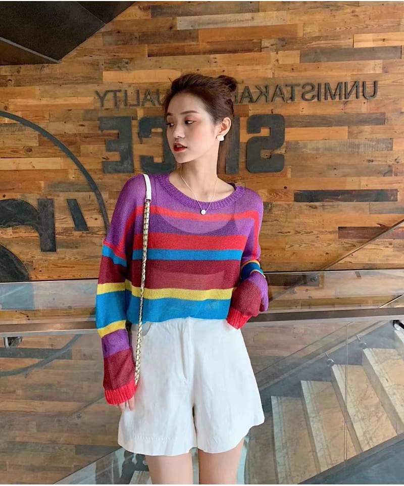 Fashion Women Summer Autumn Top Long Sleeve Loose Rainbow Stripe Sweater Elegant Ladies Casual Pullover Streetwear