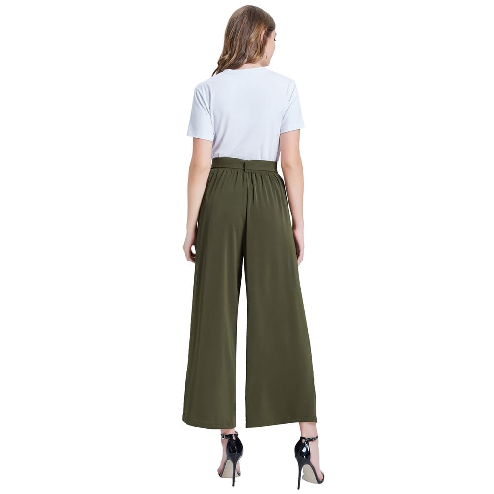 Women Elastic High Waist Casual Belt Trousers Straight Leg Long Pants