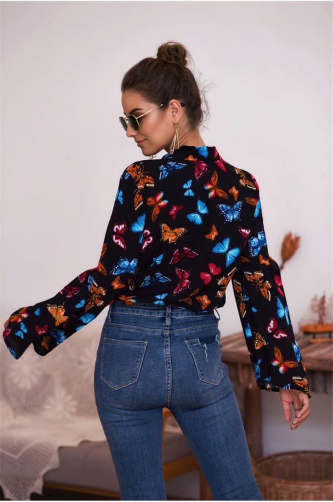 Boho Holiday Women Tops Shirt Elegant Long Sleeve Floral Shirt Ladies Long Sleeve V Neck Loose T shirt Streetwear