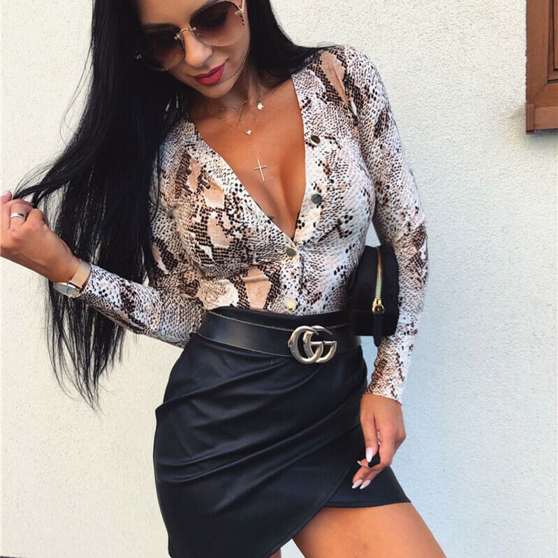 Women Long Sleeve Leopard Skin Prinetd Bodysuit Autumn Casual Jumpsuit Bodysuit Slim V Neck Leotard Tops Fashion Slim Bodysuit