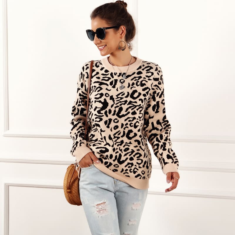 Womens Autumn Winter Sweater Long Sleeve Leopard Print Ladies Girl Knitted Jumper Pullover Tops Sweaters Streetwear