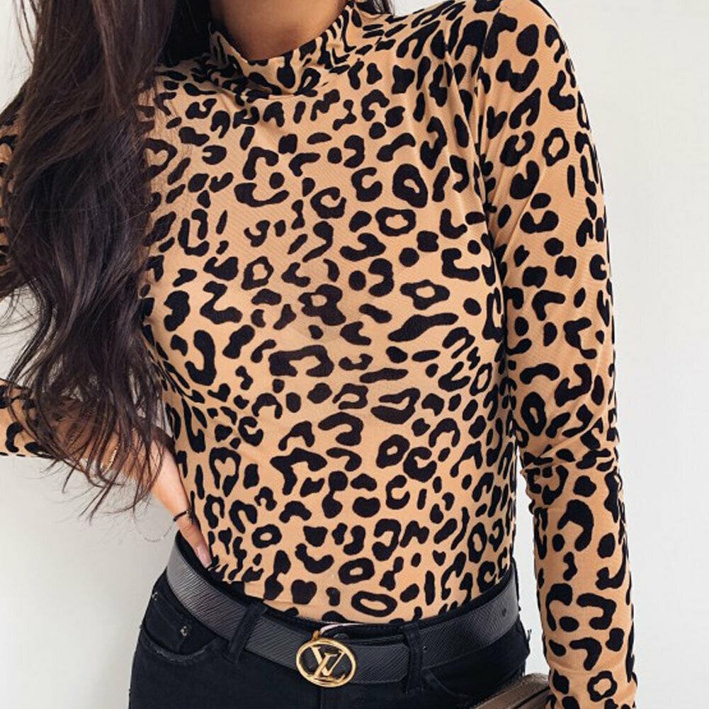 Women Leopard Print Turtleneck Tops Autumn Long Sleeve Slim Basic Ladies T Shirt Party Fashion Korean Tops Female New