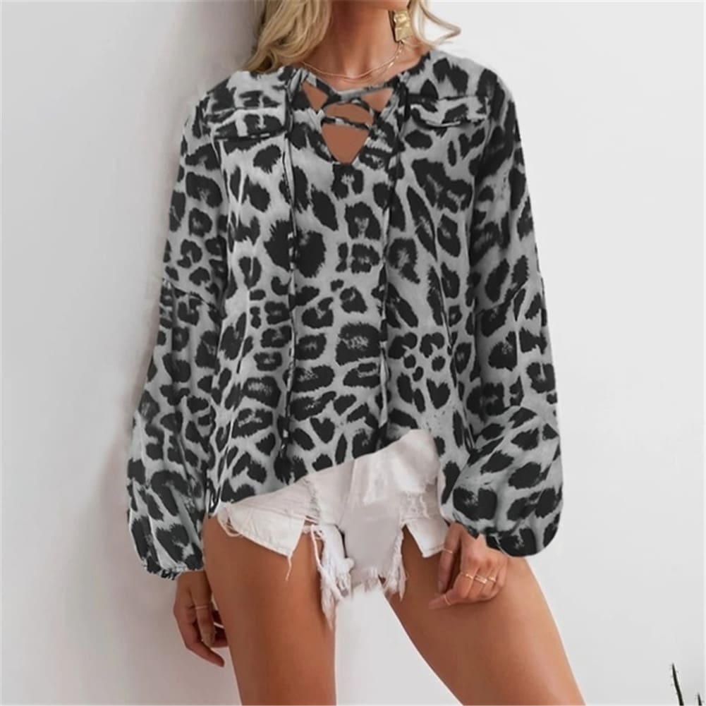 Women Blouse Shirt Polka Dot Striped Leopard Loose Blouse Top Tunic Shirt