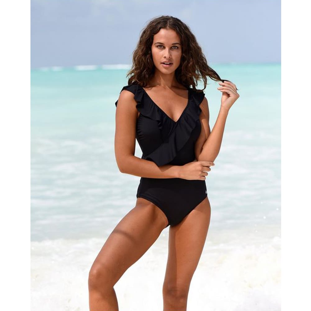 Jumpsuit Bikinis Sleeveless V Neck Ruffles Patchwork One Piece Female Swimwear Striped Push Up Bathing Vest Beach