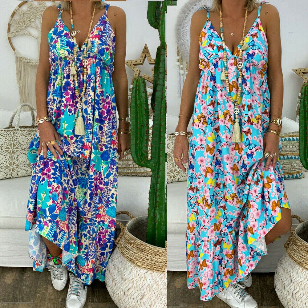 New Women Summer Beach Strappy V-neck Dress Fashion Ladies Boho Floral Sundress Holiday Beach Sundress Clothes