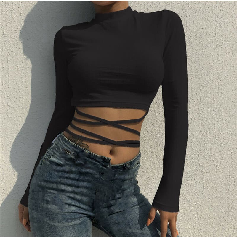 Women Bandage Tight Crop Tops Long Sleeve Bodycon Long Sleeve T shirt Ladies Plain Tee shirt Femme Party Club Tshirt