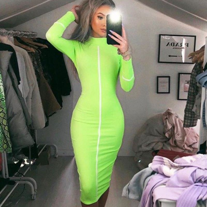 Women Autumn Long Sleeve Short Dress Secy Ladies Slim Fit High Neck Dress Bodycon Bandage Casual Slim Dresses