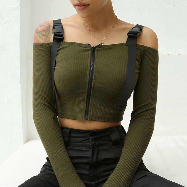 Women Punk Crop Tops Button Zipper Long Sleeve Off Shoulder High Street Thin Top Plus Size