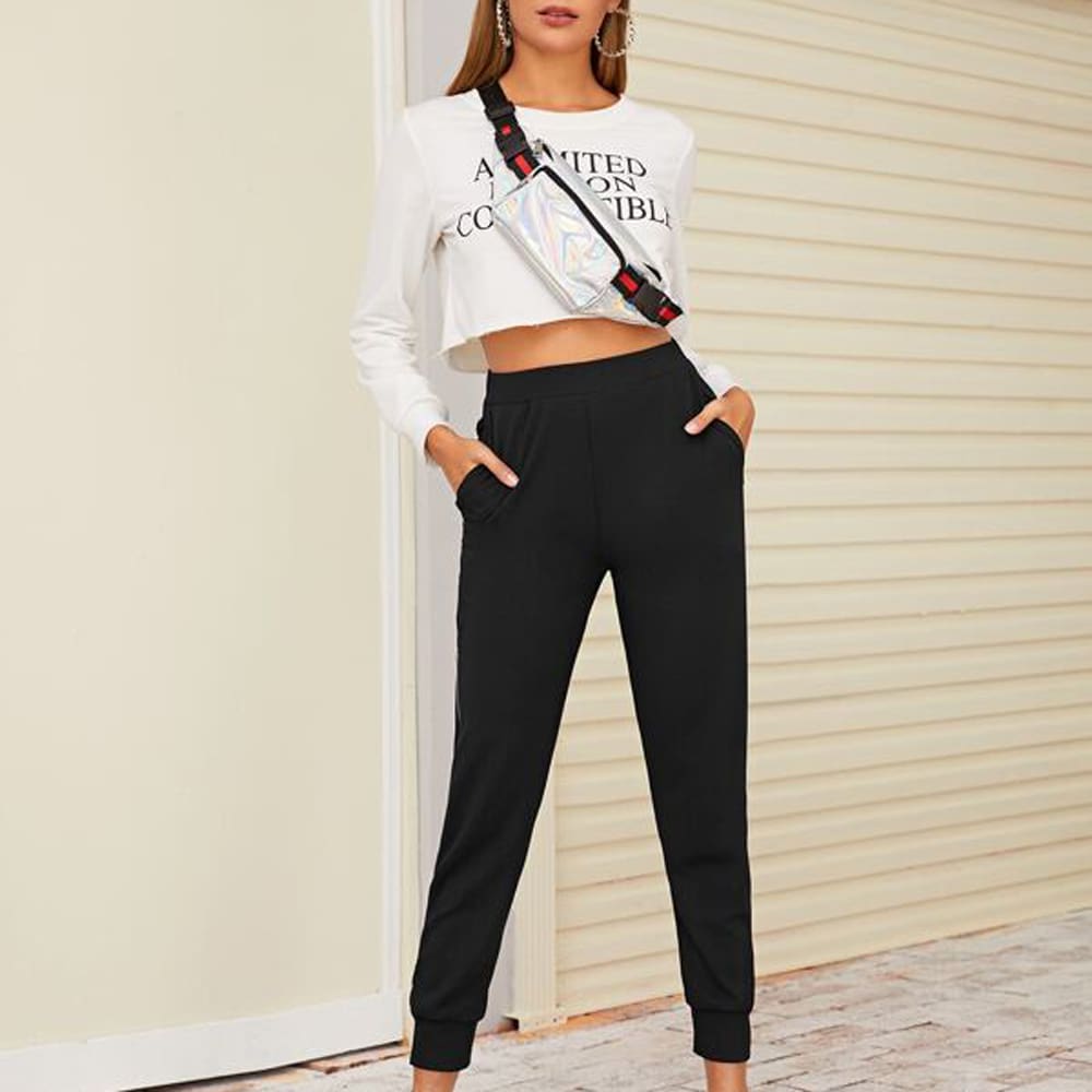 2019 New Women Black Zipper Hem Elastic Waist Jogger Pants with Pocket Sports Gym Long Sweatpants Workout Trousers