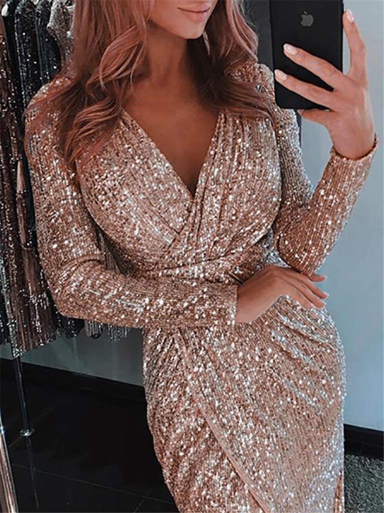 Women Sexy V neck Bodycon Skinny Dress Ladies Long Sleeve Dress